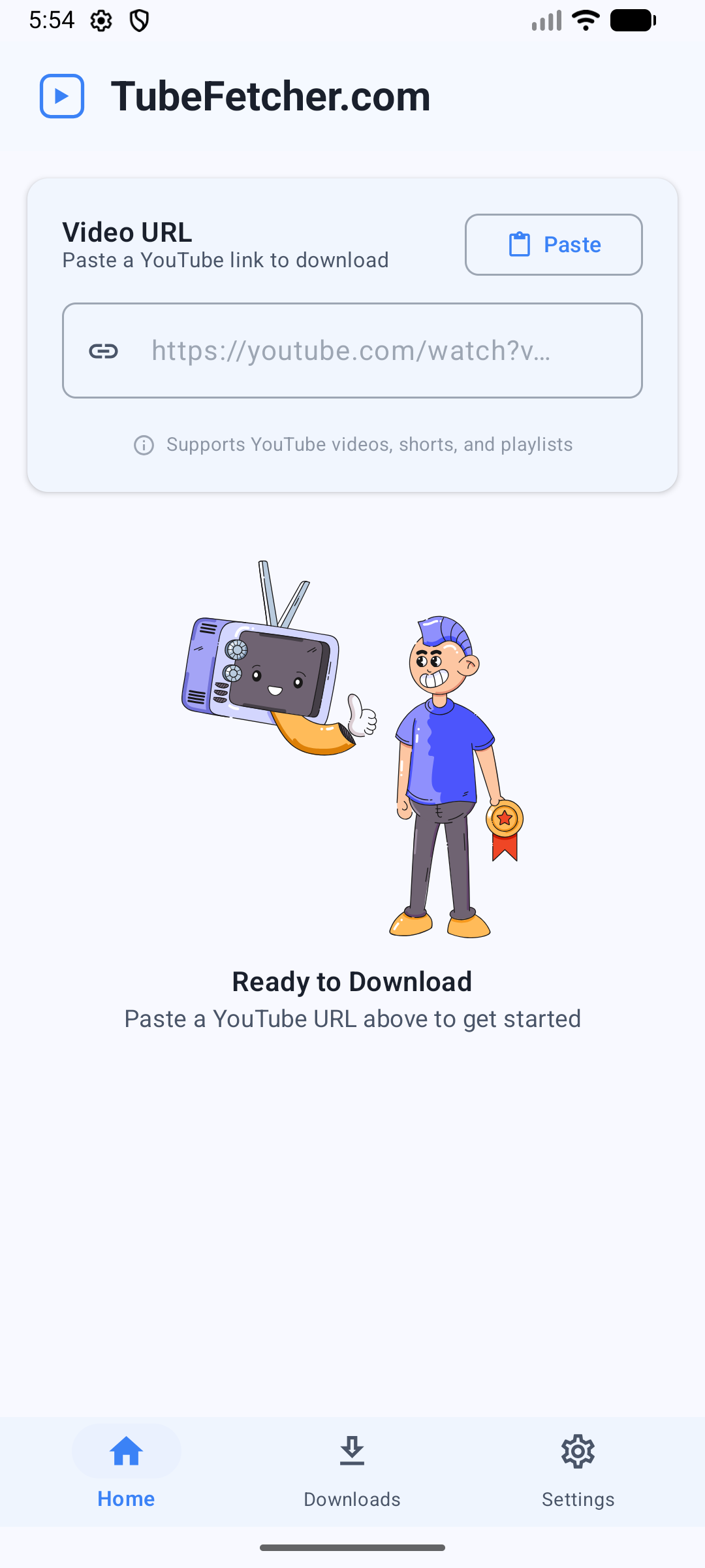 TubeFetcher Android app showing URL field and download button