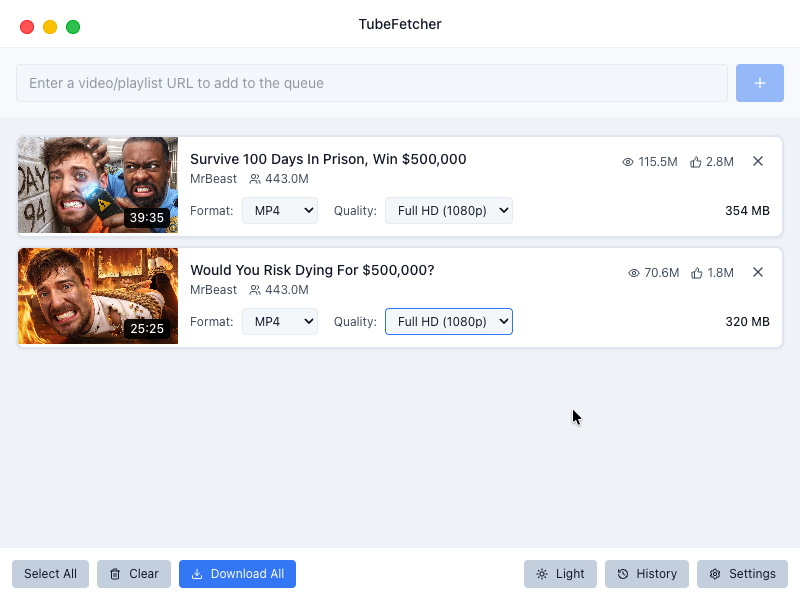 TubeFetcher macOS app window showing URL field and download button