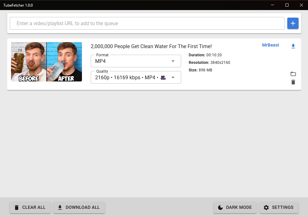TubeFetcher Windows app window showing URL field and download button